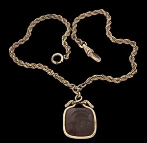 Antique VTG H&H Gold Filled Red Carved Cameo FOB Pocket Watch Chain 14" 3.8mm - Picture 1 of 6