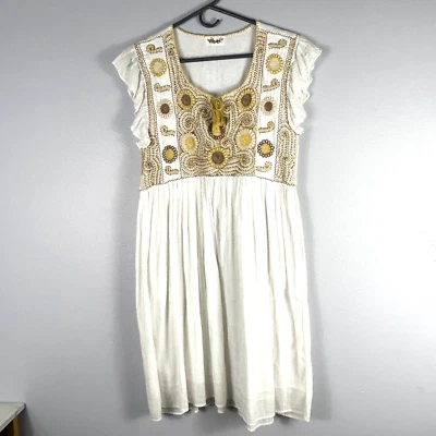 YIBEL White Gold Embroidered Sunflowers Linen Dress Handmade in Mexico Small - Image 1 of 4