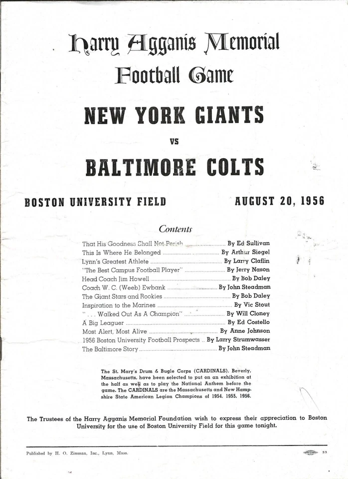 Aug 20, 1956 New York Giants & Baltimore Colts Harry Agganis Memorial Program - Image 1 of 1