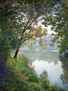 Poster dipinto Matin à Villeneuve dal bordo delle acque Henri Biva 1905 stampa TELA - Foto 1 di 3