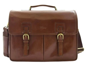 Mens Italian Leather Brown Briefcase Expandable Office Bag Messenger Laptop Case - Picture 1 of 12