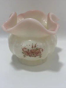 Fenton Hand Painted Rosebud Flowers Burmese Glass Ruffled Votive Bowl Signed - Picture 1 of 10