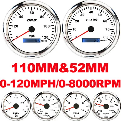6 Gauge Set White 110mm GPS Speedometer 120MPH Tachometer 8000RPM Gauge for Boat - Image 1 of 4