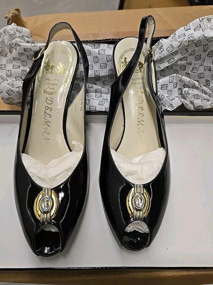  Vintage Women's DELMAN 6.5 BLACK Leather  3" Heel Strap Peep Toe Spain - Image 1 of 4