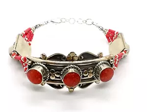Vintage Natural Red Coral Handmade Tibetan Silver Bracelet (536G) - Picture 1 of 10
