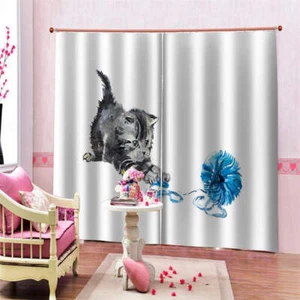 Blue Plush Toys Gray Tiger Cat Printing 3D Blockout Curtains Fabric Window - Bild 1 von 9