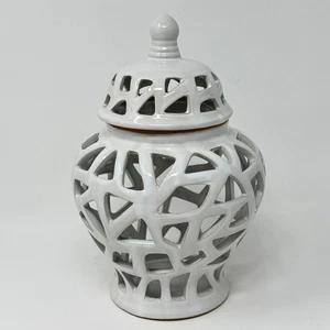 White Chinoiserie Cutout Ceramic Ginger Jar with Lid - Picture 1 of 7