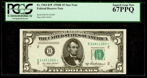 1950 B $5 Dollar STAR Note PCGS 67 PPQ Superb Gem New York Serial # B14911260* - Picture 1 of 2