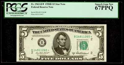 1950 B $5 Dollar STAR Note PCGS 67 PPQ Superb Gem New York Serial # B14911260* - Image 1 of 2