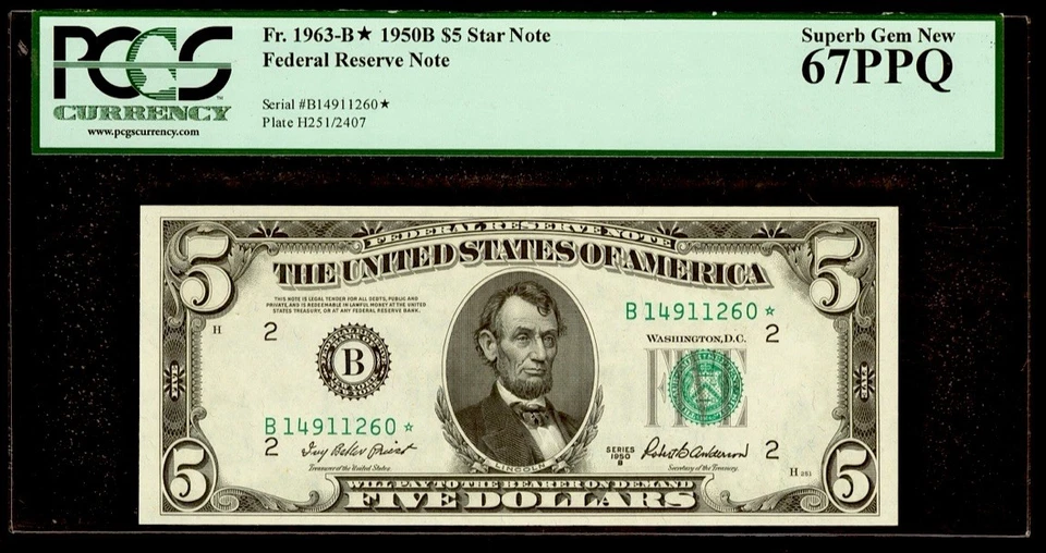 1950 B $5 Dollar STAR Note PCGS 67 PPQ Superb Gem New York Serial # B14911260* - Image 1 of 2