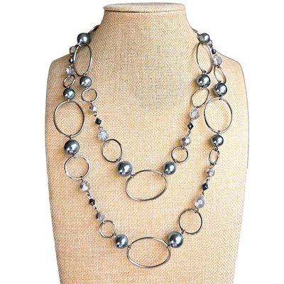 Collar Largo Lia Sophia Tono Plata Gris Imitación Perla Cristal Cuentas Eslabones Ovalados 46" Foto 1 de 4