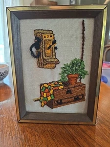 1970’s Crewel Framed Picture 6” x 8” Antique Phone And Chest With Plant - Picture 1 of 5