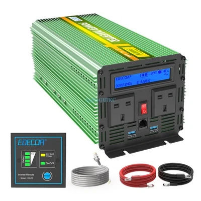 EDECOA Power Inverter 12V to 240V 3000W 6000W Converter UK Plugs LCD USB Remote - Image 1 of 4