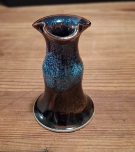 Ken Beidler Studiokeramik handgedrehte Knospenvase 3" blaue & bronzefarbene Glasur signiert - Bild 1 von 6
