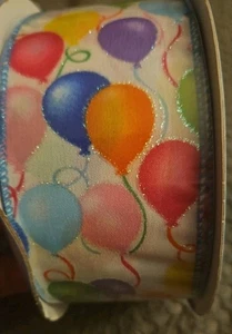 Kirkland Wire-Edged Ribbon 2.5" Wide 50 YD White Ribbon FESTIVE BALLOONS GLITTER - Picture 1 of 4