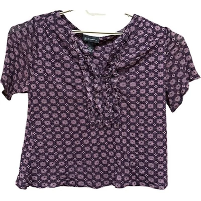 INC Top Plus 2X Purple All Over Print Ruffle Neck Popover Short Sleeve Y2K - Image 1 of 4