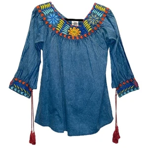 Ivy Jane Chambray Cotton Top w/Embroidered Collar & Cuffs w/tassel Ties XS - Picture 1 of 7