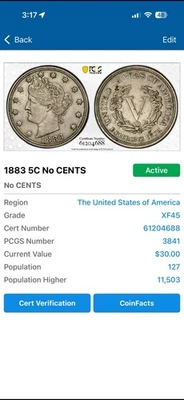 1883 5C No CENTS Liberty Nickel - Image 1 of 3