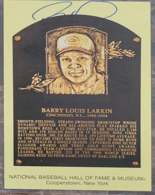 Barry Larkin Signed Gold HOF Plaque Postcard Yellow Autograph Reds JSA - Image 1 of 2