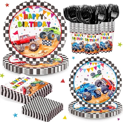 Camión desechable 144 piezas Monster Truck decoración fiesta cumpleaños platos servilletas camión  Foto 1 de 4