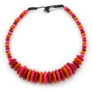 Orange/ Pink/ Red Button, Round Wood Bead Wire Choker Necklace - 42cm L - Picture 1 of 6