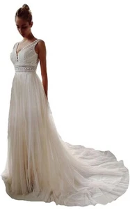 Wedding Dresses for Bride Illusory Lace Bohemia V Neck Layers Tulle ALine Beachy - Picture 1 of 8