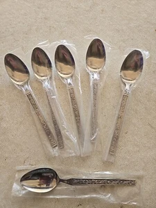 Patricia Stainless Japan (6) Soup Spoons with black flower accents - Picture 1 of 5