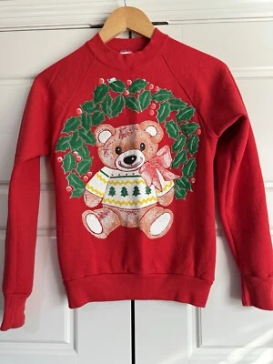 Sudadera de Colección Unisex Niños Oso de Peluche Pintura Hinchada Acebo Roja Años 80 90 Hecha en EE. UU. Foto 1 de 4