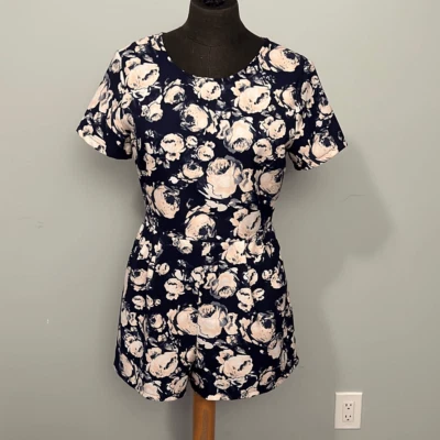 Mameluco de manga corta con cremallera trasera floral azul marino y rosa exuberante para mujer Foto 1 de 4