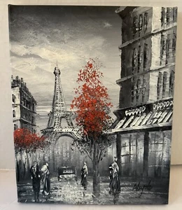 Oil Painting Paris Eiffel Tower Street Scene On Canvas-Black White & Red-Signed - Picture 1 of 10