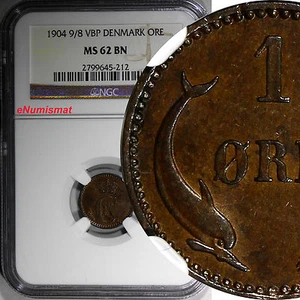 Denmark Bronze 1904 9/8 VBP 1 Ore NGC MS62 BN OVERDATE TOP GRADED KM# 792.2 (12) - Picture 1 of 4