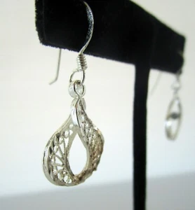 Sterling Silver Filigree Teardrop Twist Small Dangle Wire Earrings 925 - Picture 1 of 6