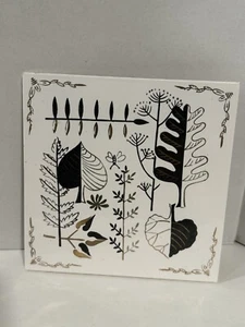 Vintage Black / White/Gold MCM Ceramic Wall Tile - Floral Leaf Pattern - Picture 1 of 8