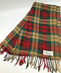 Highlands 100 % Wool Scarf Tartan Green-Beige & Red Plaid Made in Scotland - Picture 1 of 5
