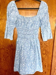 TOPSHOP Chambray Denim prairie Dress US 6 UK 10 Cottage Blue & White floral - Picture 1 of 4