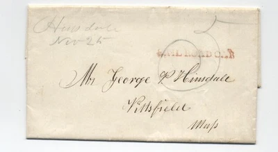 1845 Rail Road Car red straightline handstamp stampless to Pittsfield MA [7025.4 - Image 1 of 3