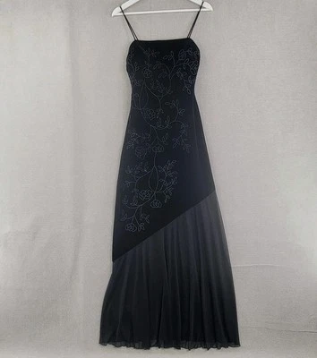 Betsy & Adam 连衣裙 6 码黑色天鹅绒串珠懒人 Maxi Fairycore Hoco 鸡尾酒 — 第 1/4 张图片