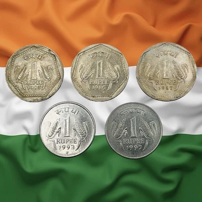 Lot of 5 Mixed India 1 Rupee Coins - 1980s & 1990s - Combined Ship - Image 1 of 2
