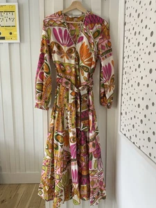 ZARA Floral Multi Colour Midi Long Belted Summer Dress Size Small Cotton Poplin - Picture 1 of 15