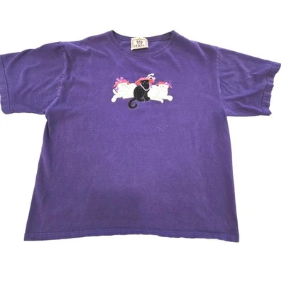 90s Morning Sun Top Stitch Shirt Womens Petite Large Purple Cats Embroidered - Image 1 of 4