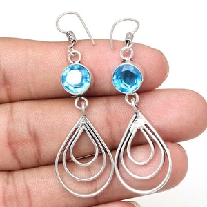 Swiss Blue Quartz Gemstone Handmade Silver Jewelry Earrings 1.5'' - Picture 1 of 7