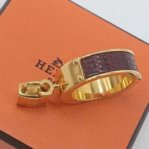 HERMES Kelly Lizard Scarf Ring Gold Hardware Pink Leather Near Mint w/Box - Picture 1 of 16