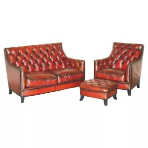 FULLY RESTORED HAND DYED BORDEAUX LEATHER CHESTERFIELD SUITE ARMCHAIR & SOFA - Picture 1 of 24