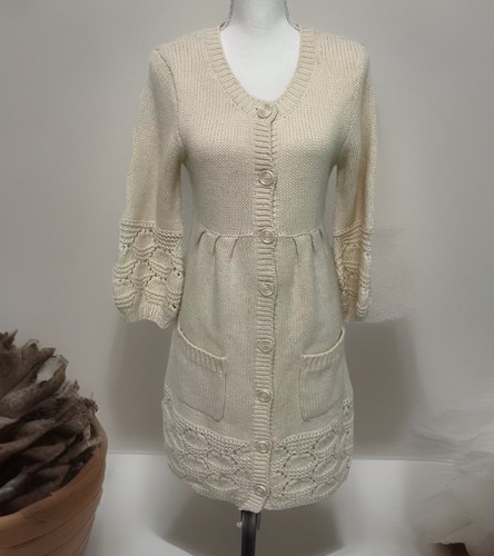 OFF WHITE Maglione H&M maglia cavo manica svasata bottoni abito tasche avorio donna taglia M