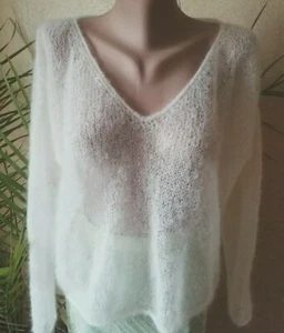 Women Knitted Mohair Pullover White Bridal Mesh Sweater Wedding Jumper Handmade - Picture 1 of 12