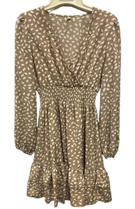Shein Beige Polka Dot V-Neck Shirred Waist Mini Dress Size Medium FREE SHIP - Picture 1 of 13