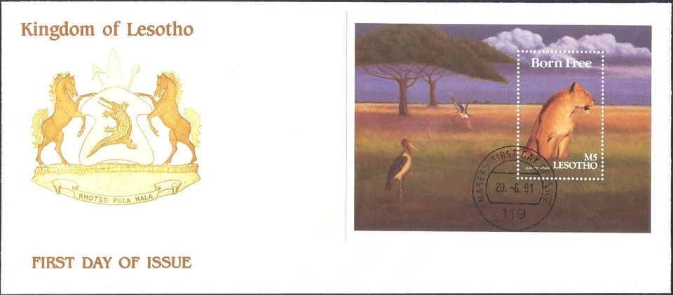 Lesotho 1991 BORN FREE/Lioness/Cat/Bird/Films/Books/Animals  1v m/s FDC (n17462) - Image 1 of 1