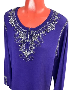 QUACKER FACTORY Rhinestone Faux Pearl embellished Purple sweater top tunic M - Picture 1 of 6