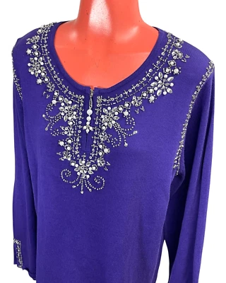 QUACKER FACTORY Rhinestone Faux Pearl embellished Purple sweater top tunic M - Image 1 of 4