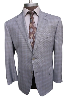 Canali Recent Silk Wool Houndstooth Two Button Gray Blue Windowpane Blazer 50R - Image 1 of 4